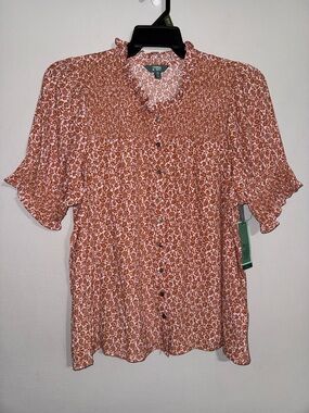 Terra & Sky Orange Floral Ruffle-Trim Button Front Blouse 0X BNWT